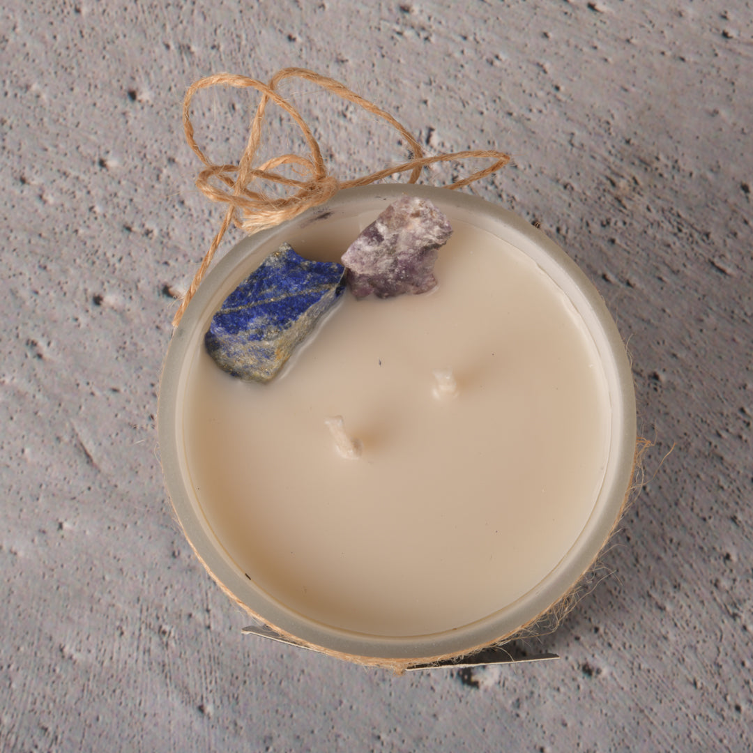 Real The Healing Goodness of Lapis Lazuli and Lepidolite Intention Candle with scents of vanilla