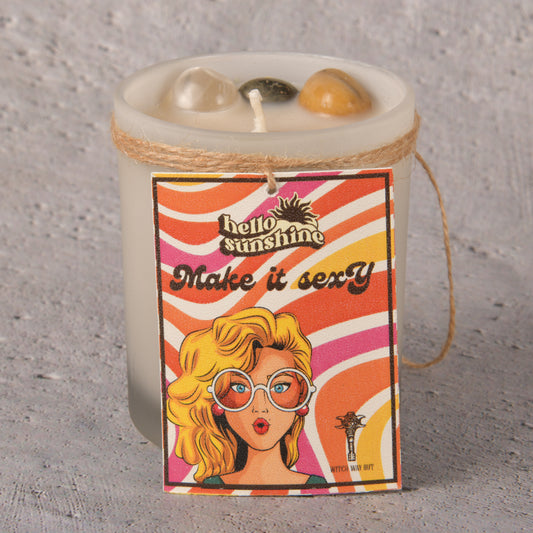 Real Intention Candle Infused with the Goodness of Yellow Aventurine, Pyrite and Clear Quartz - Hello Sunshine! Make it sexy! with scents of sweet mango