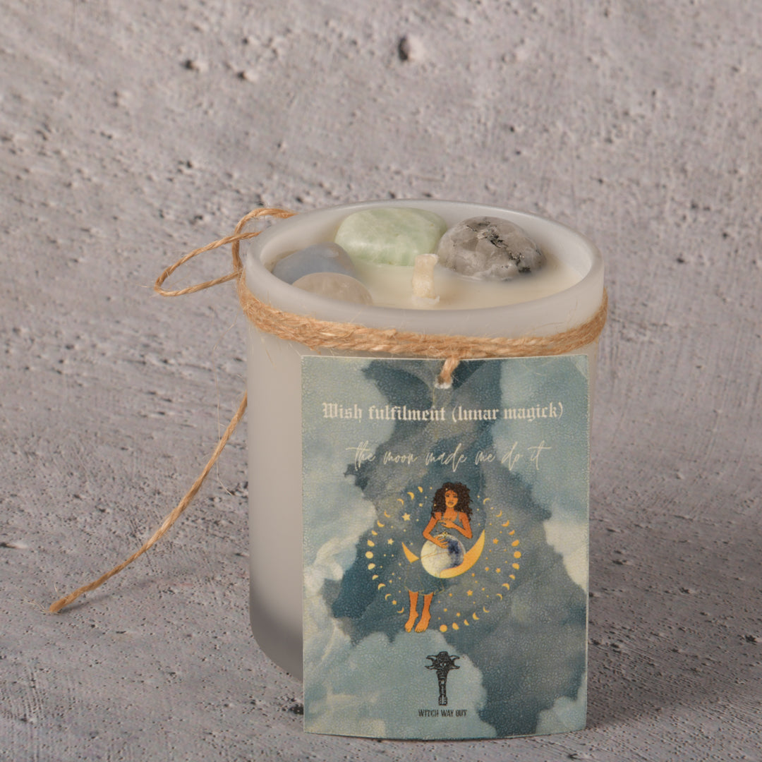 Intention Candles Infused with Amazonite, Angelite, Rainbow Moonstone and Clear Quartz- The Silver of Night and the Golden of Delight with scentnotes of the blue ocean