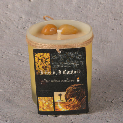 Real Intention Candles with Yellow Mellow Aventurine - I Lead I Conjure, Morning Candle with scents of cinnamon