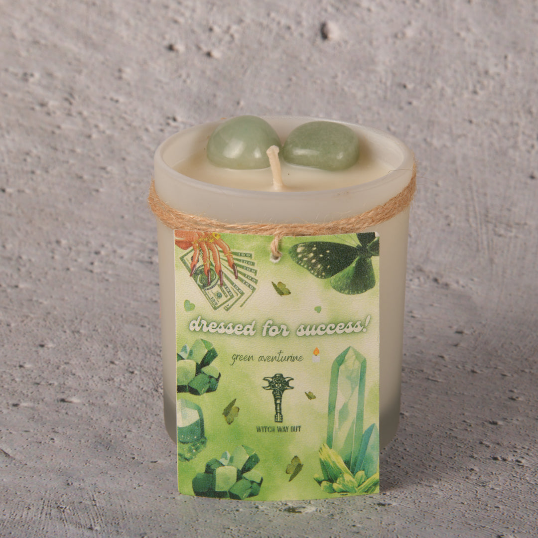 Real Intention Candles with Green Aventurine - Dressed For Success , Success , Burst of Hapiness , Financial Oppurtunities with notes of sage and cinnamon