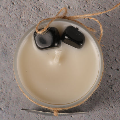 Real Intention Candle Infused with the ever Protective and Grounding and Healing Obsidian Tumbles with undernotes of oud