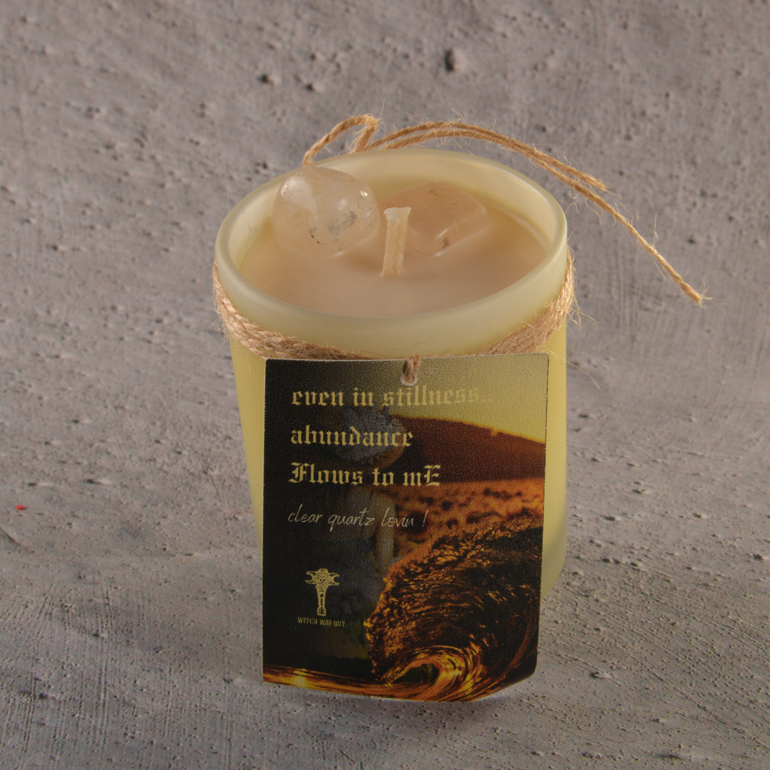 Real Intention Candle Infused with the Ever Cleansing and Versatile Clear Quartz - Even in Stillness, Abundance Flows to me! with undernotes of white cedar spice