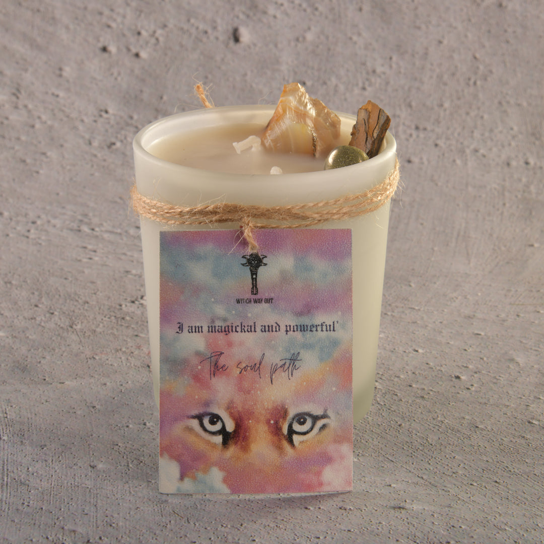 Real Intention Candles with Carnelian, Tigers eye , Pyrite - Sun Energy , Success , Fame , Forward Movement  with scents of pine