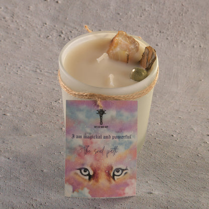 Real Intention Candles with Carnelian, Tigers eye , Pyrite - Sun Energy , Success , Fame , Forward Movement  with scents of pine