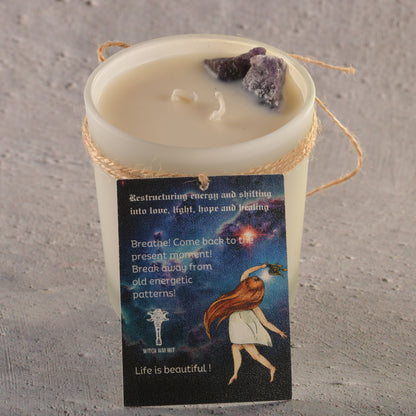 Restructing energy and shifting into love, light hope and healing. Breathe! Come back to the present moment. Break away from mold energetic patterns. Intention Candle