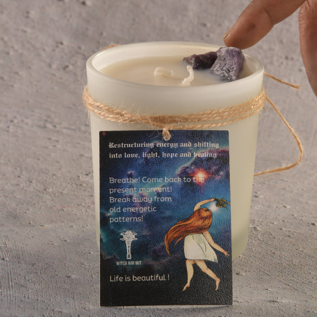 Restructing energy and shifting into love, light hope and healing. Breathe! Come back to the present moment. Break away from mold energetic patterns. Intention Candle