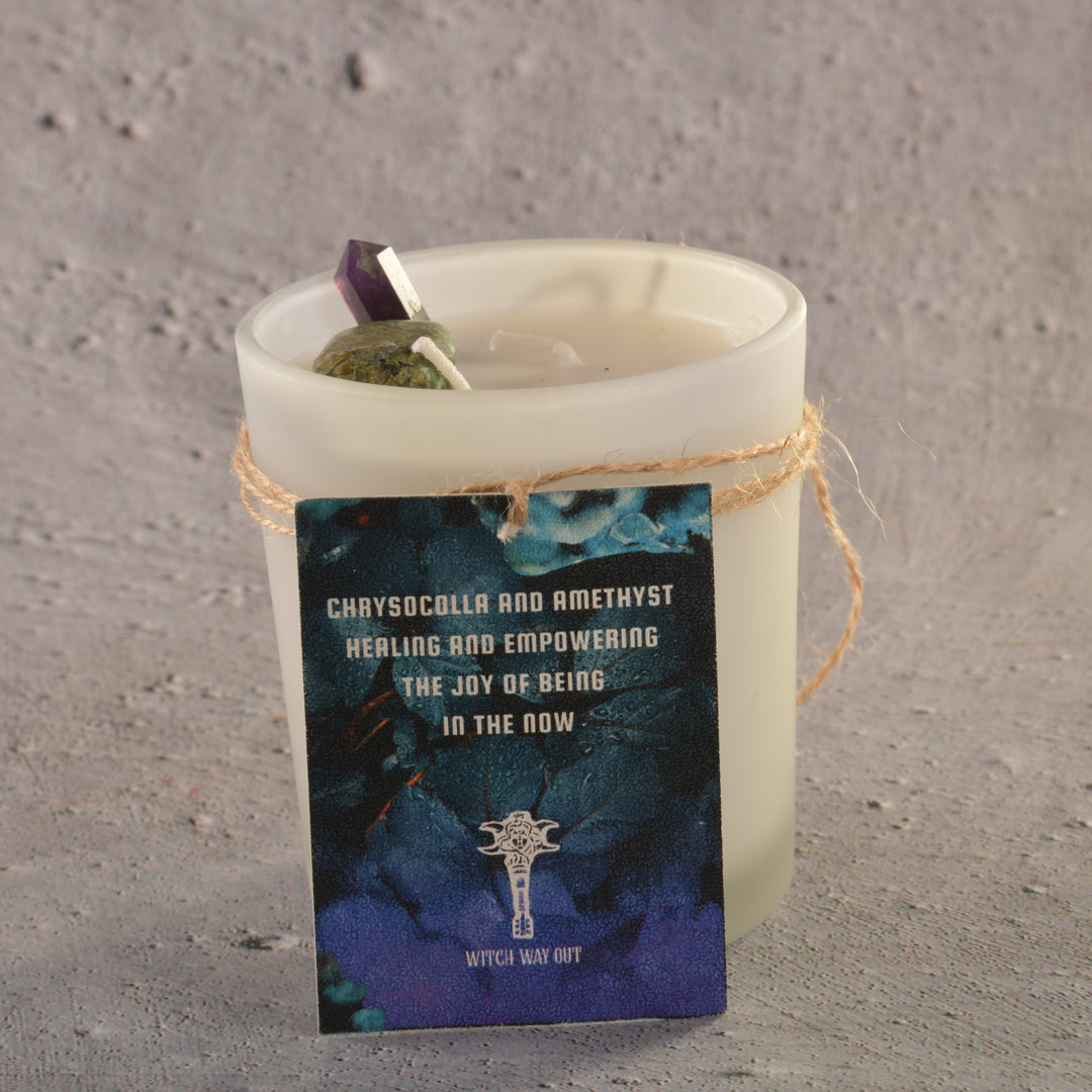 Real Colossal Calm, the Joy in the Now, Empowered Moments! With the ever Healing Chrysocolla and Versatile Amethyst Intention Candle with the scent of cool water