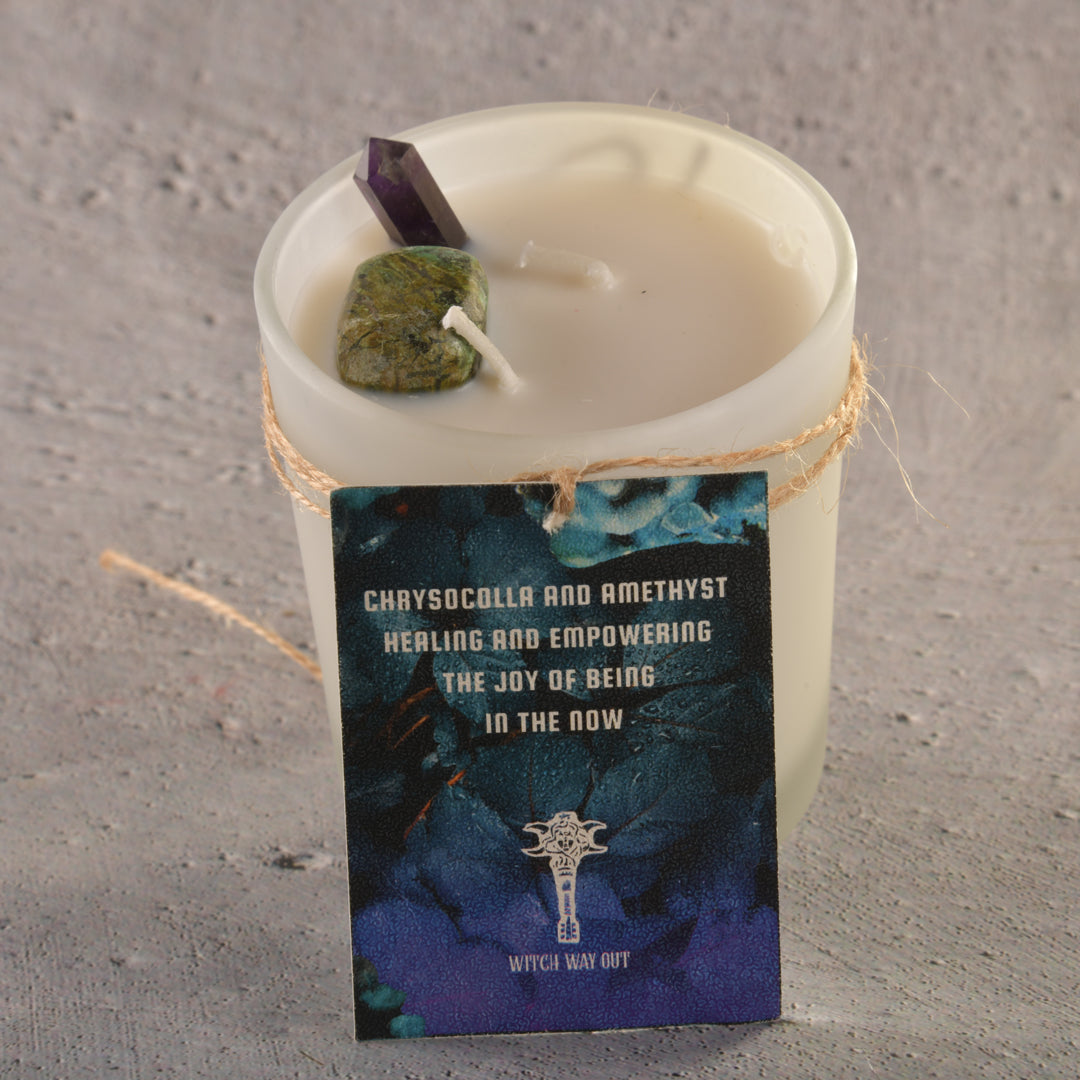 Real Colossal Calm, the Joy in the Now, Empowered Moments! With the ever Healing Chrysocolla and Versatile Amethyst Intention Candle with the scent of cool water