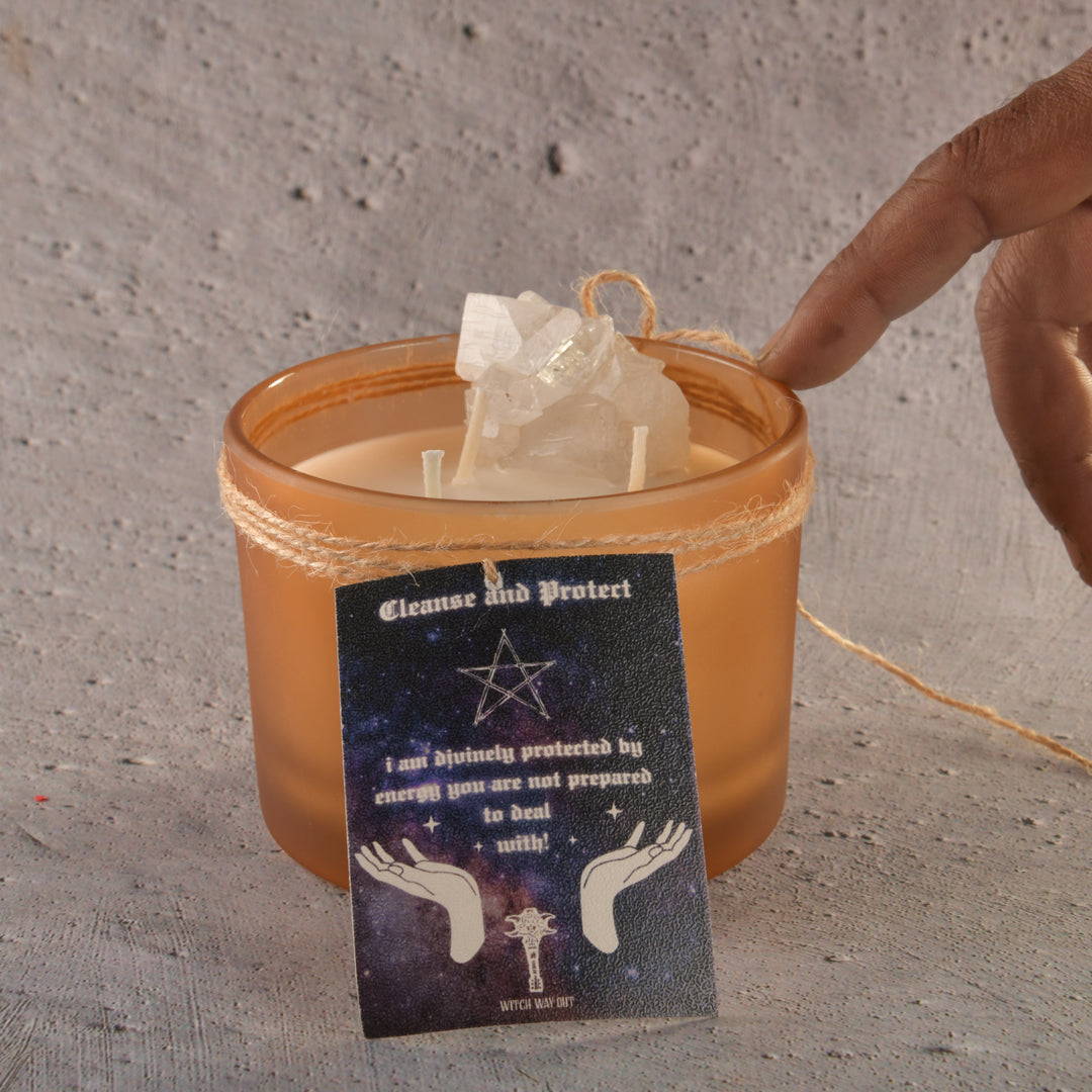 Real Supremely Cleansing and Healing Apophyllite Intention Candle with the scent of mandarin