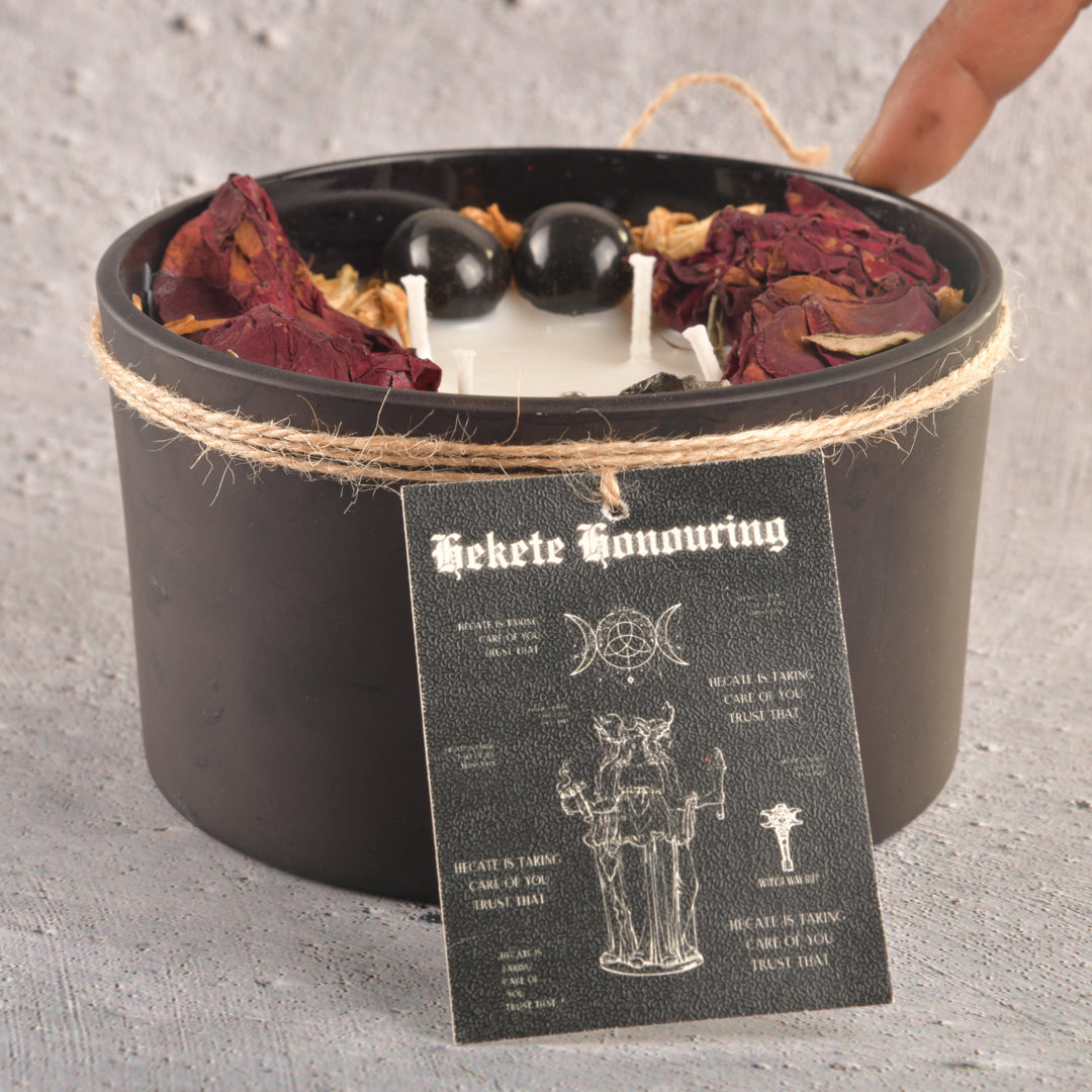 Real Hekate Honouring Crystal and Rose Intention Candle Infused with the Mysterious Powers of Smokey Quartz and Dried Rose Buds - Hekate is calling you ! with scents of rose