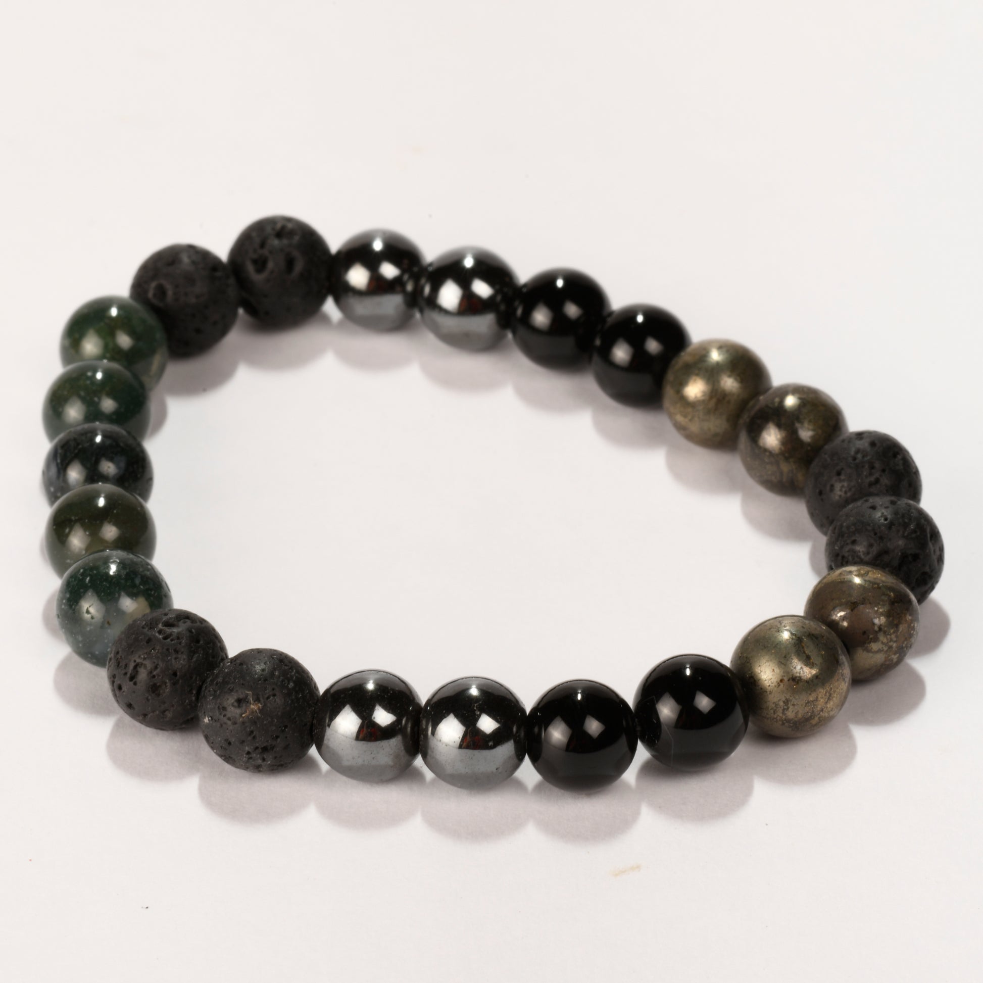 Real Grounding and Protection Crystal and Stone Combination Bracelet Jewellery 8mm - Hematite, Pyrite, Lava, Obsidian, Moss Agate, Protection against Psychic Attacks, Grounding, Feeling Safe and Secure, Cleanses the mind body soul !