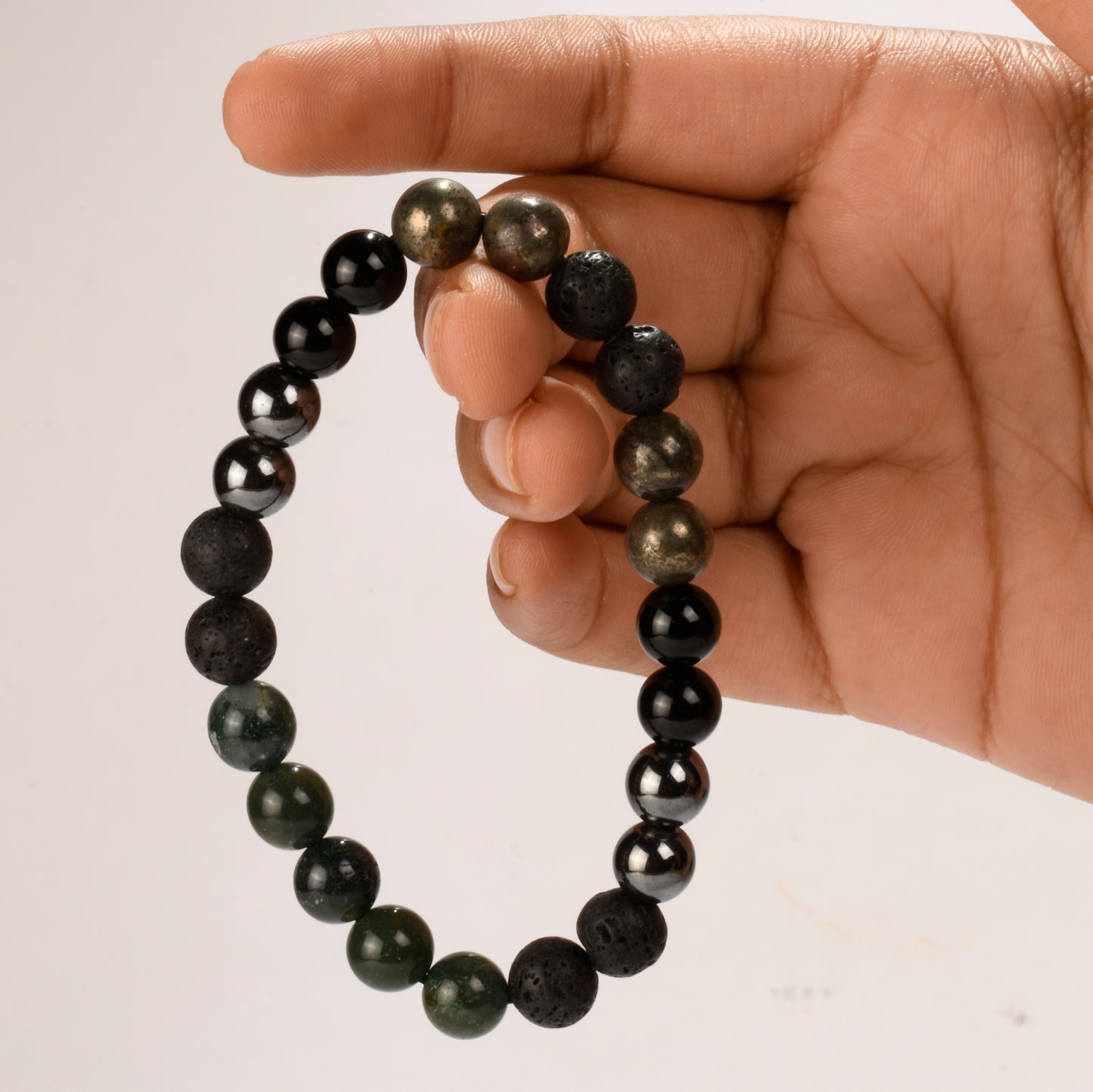 Real Grounding and Protection Crystal and Stone Combination Bracelet Jewellery 8mm - Hematite, Pyrite, Lava, Obsidian, Moss Agate, Protection against Psychic Attacks, Grounding, Feeling Safe and Secure, Cleanses the mind body soul !