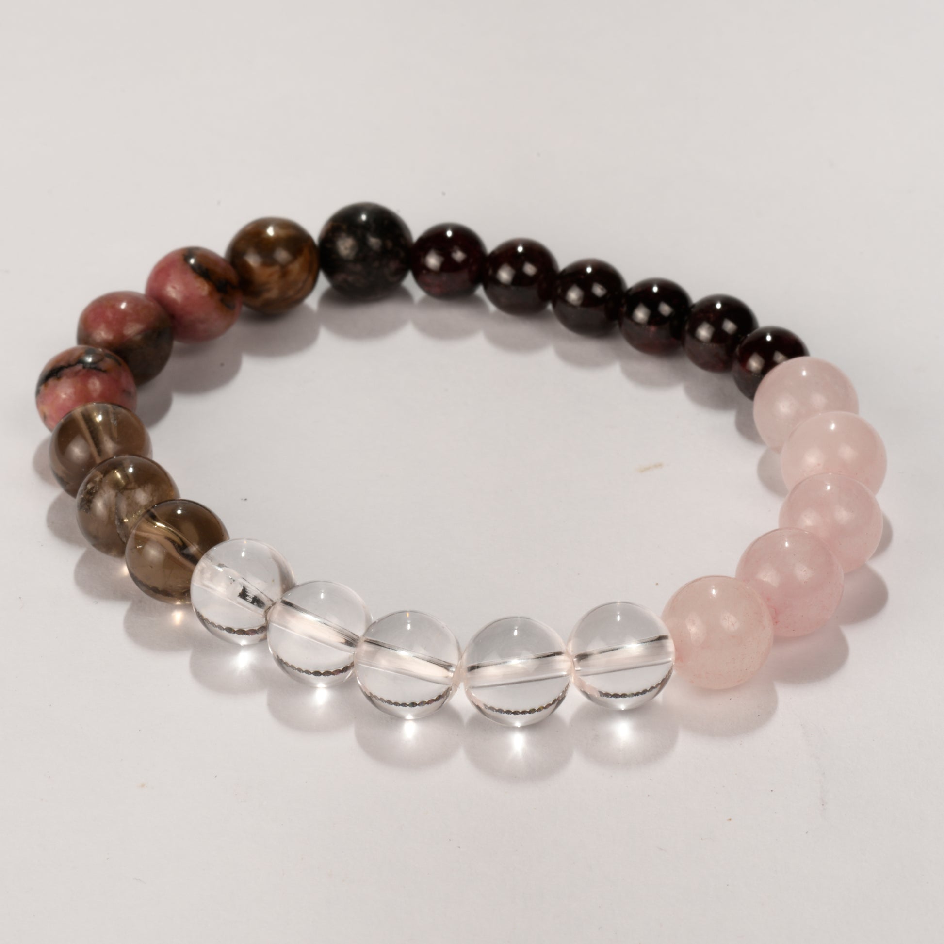 Real Love Crystal and Stone Combination Bracelet Jewellery 8mm - Rose Quartz, Rhodonite, Clear Quartz, Garnet, Smokey Quartz) call in love, be in touch with yourself, Opening the Heart Chakra, Healing Past Trauma, Healing Emotional Body, Holistic Calm!
