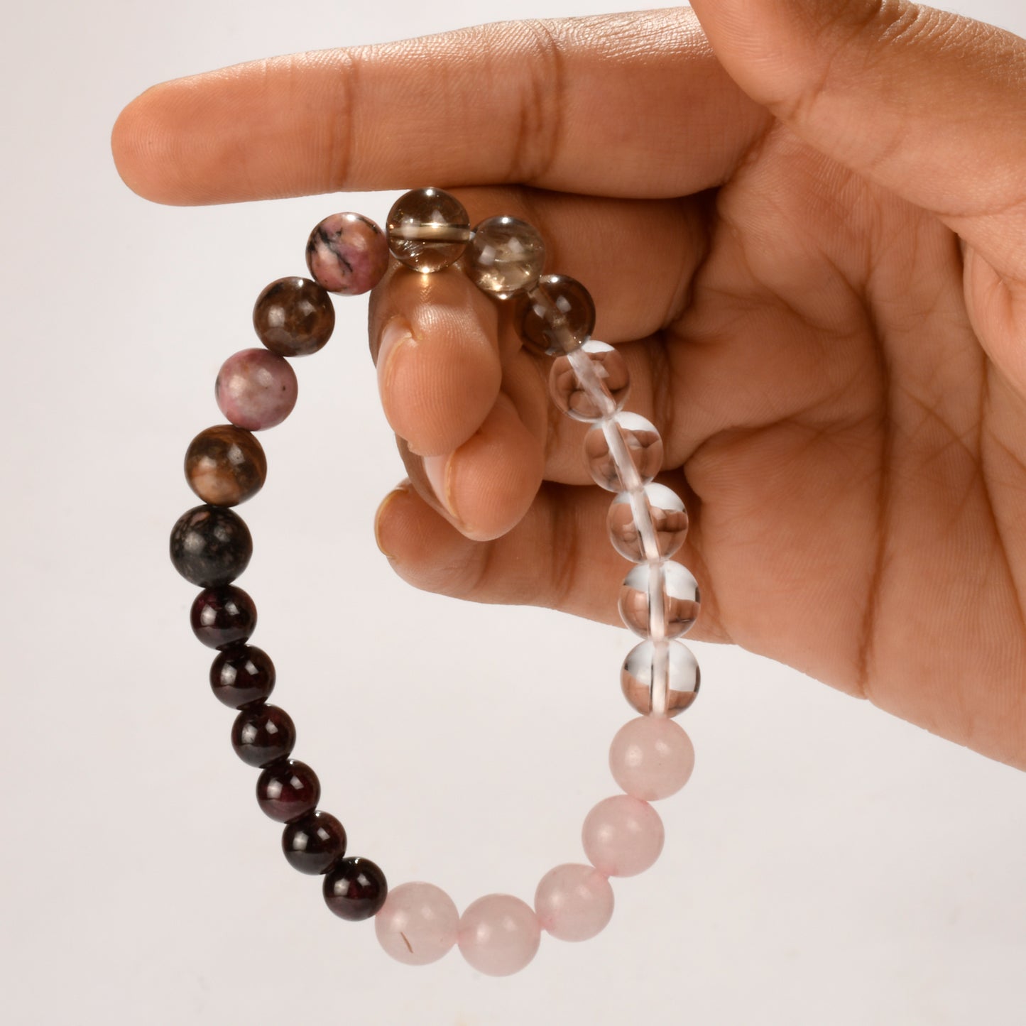 Real Love Crystal and Stone Combination Bracelet Jewellery 8mm - Rose Quartz, Rhodonite, Clear Quartz, Garnet, Smokey Quartz) call in love, be in touch with yourself, Opening the Heart Chakra, Healing Past Trauma, Healing Emotional Body, Holistic Calm!
