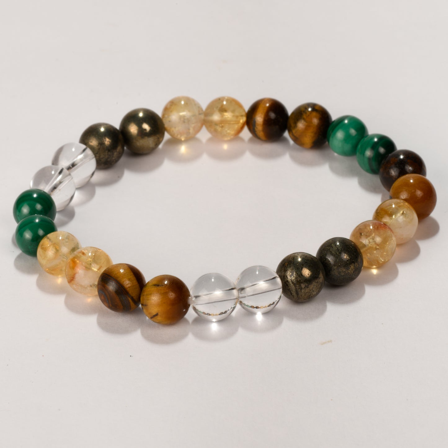 Real Financial abundance Crystal and Stone Combination Bracelet Jewellery 8mm - (Pyrite, Clear Quartz, Malachite, Citrine,Tigers Eye) - business expansion, fixing the wandering mind, focus and motivation!