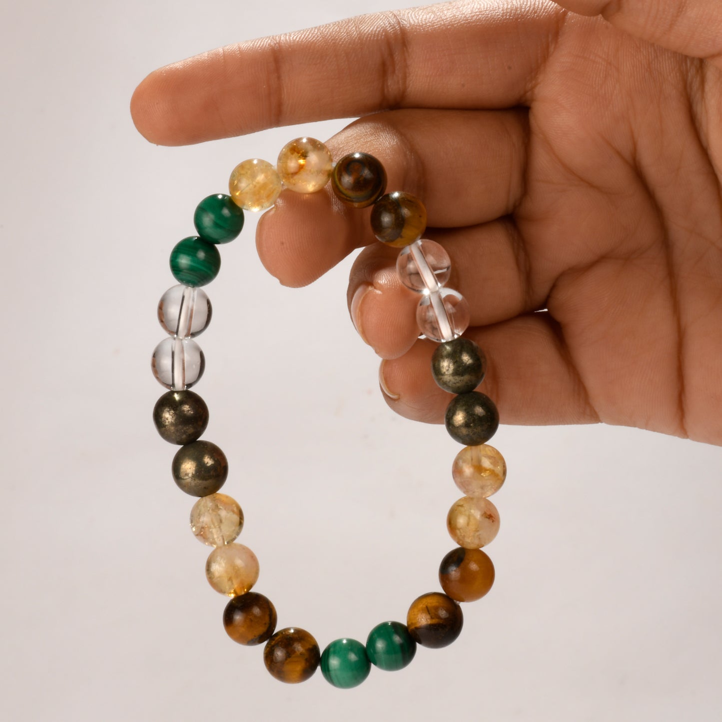 Real Financial abundance Crystal and Stone Combination Bracelet Jewellery 8mm - (Pyrite, Clear Quartz, Malachite, Citrine,Tigers Eye) - business expansion, fixing the wandering mind, focus and motivation!