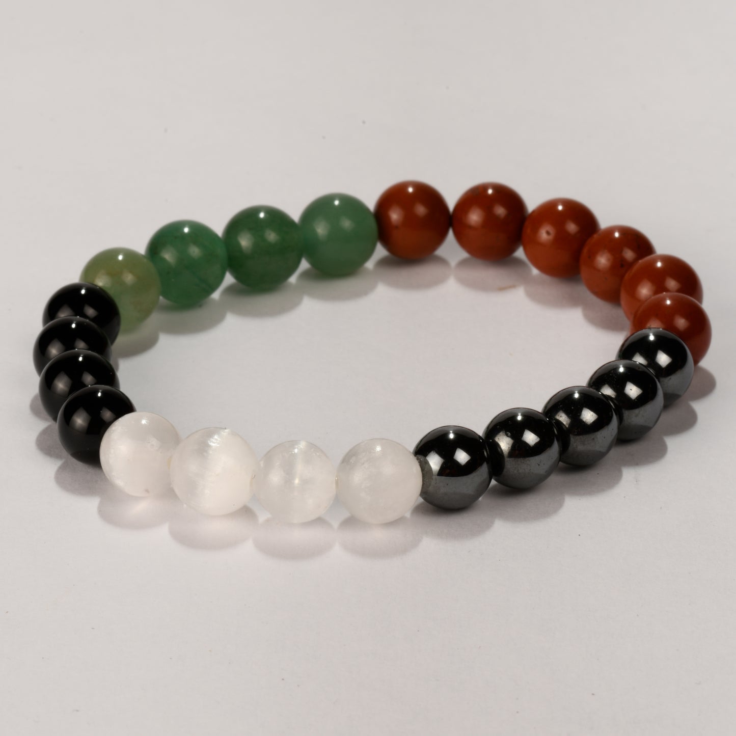 Real Stability and Security Crystal and Stone Combination Bracelet Jewellery 8mm - Red Jasper, Hematite, Obsidian, Green Aventurine, Selenite)- Grounding and Meditative Calm, Self Mastery, Self Control over Emotions, Release Stress !