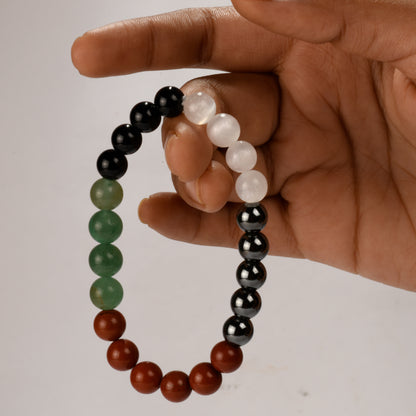 Real Stability and Security Crystal and Stone Combination Bracelet Jewellery 8mm - Red Jasper, Hematite, Obsidian, Green Aventurine, Selenite)- Grounding and Meditative Calm, Self Mastery, Self Control over Emotions, Release Stress !