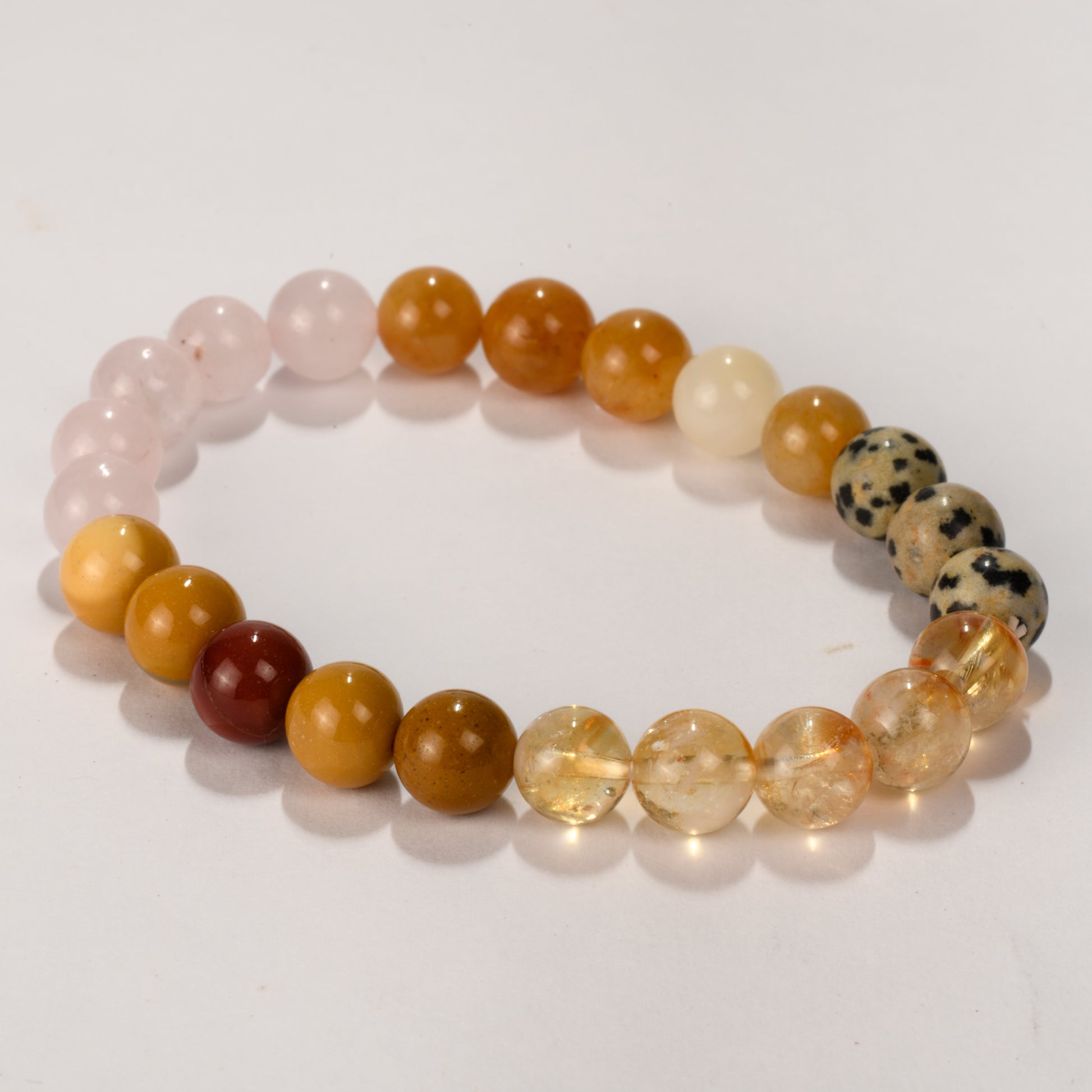 Real Joy Crystal and Stone Combination Bracelet Jewellery 8mm - Mookaite jasper, Dalmatian jasper, citrine, rose quartz, yellow Aventurine) burst of energy and vitality, forward movement in new beginnings! 
