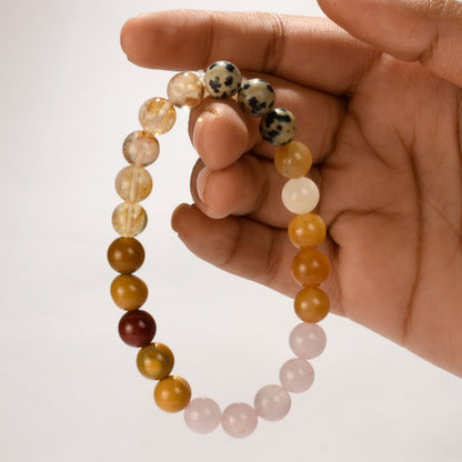 Real Joy Crystal and Stone Combination Bracelet Jewellery 8mm - Mookaite jasper, Dalmatian jasper, citrine, rose quartz, yellow Aventurine) burst of energy and vitality, forward movement in new beginnings! 
