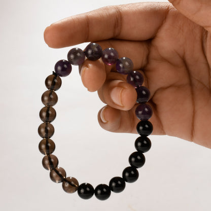 Real Traveling and Exploring Crystal and Stone Combination Bracelet Jewellery 8mm-  (heal your inner world) - Black Onyx, Smokey Quartz, Amethyst - Travel within and Travel the world, Understand and work on your own ambitions!