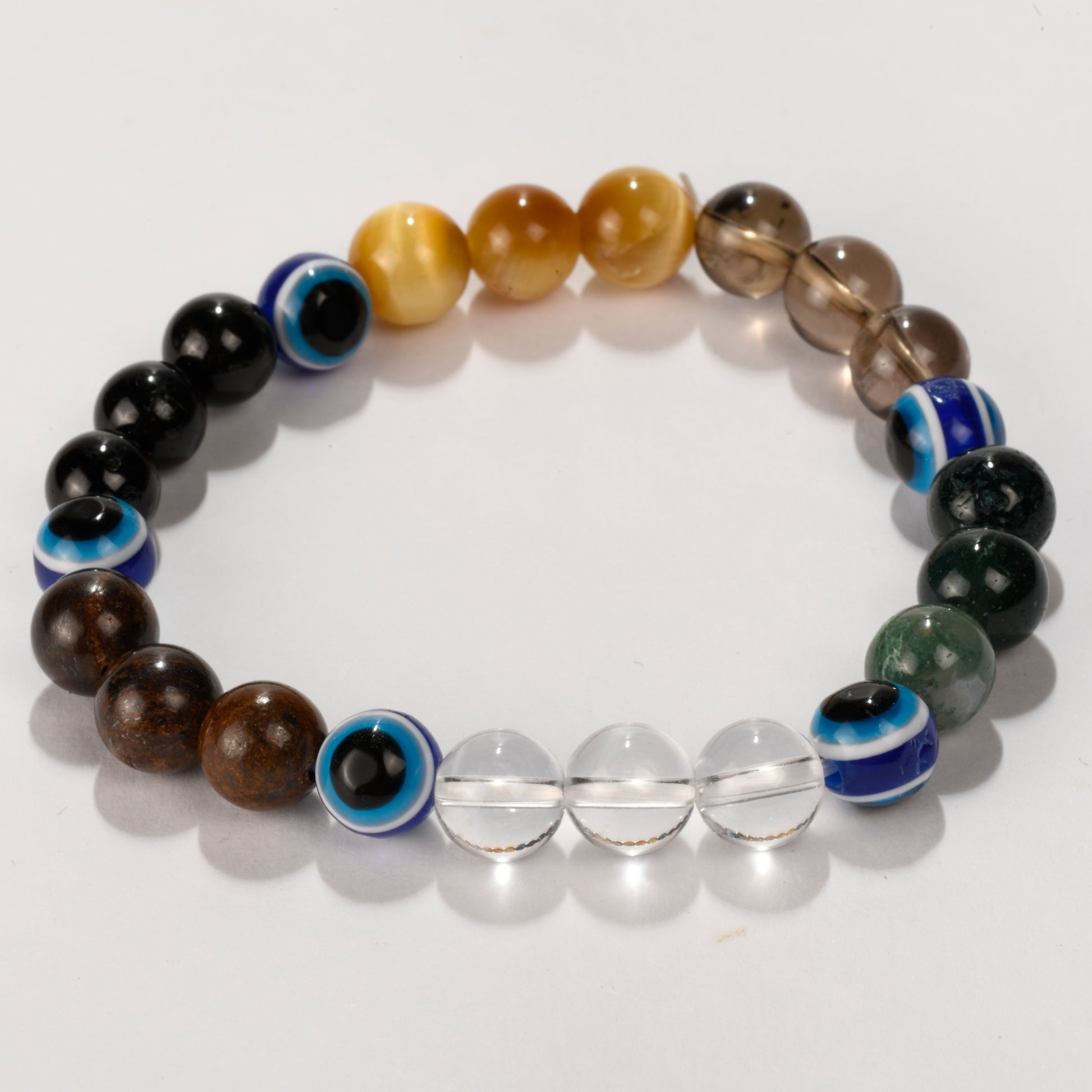 Real Protection Against Evil Eye Crystal and Stone Combination Bracelet Jewellery 8mm - Evil Eye, Black Tourmaline, Smokey Quartz, Clear Quartz, Bronzite, Cats Eye, Moss Agate.