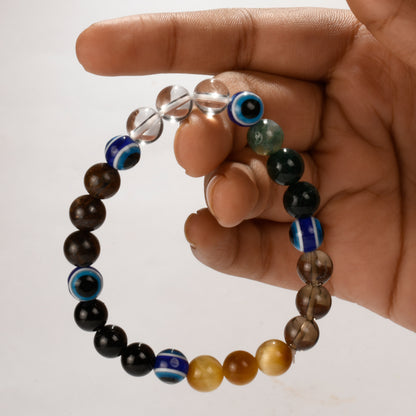 Real Protection Against Evil Eye Crystal and Stone Combination Bracelet Jewellery 8mm - Evil Eye, Black Tourmaline, Smokey Quartz, Clear Quartz, Bronzite, Cats Eye, Moss Agate.