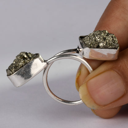 Real Pyrite Double Stud Crystal and Stone Ring Jewellery