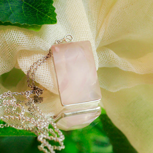 Real Rose Quartz Silver Pendant